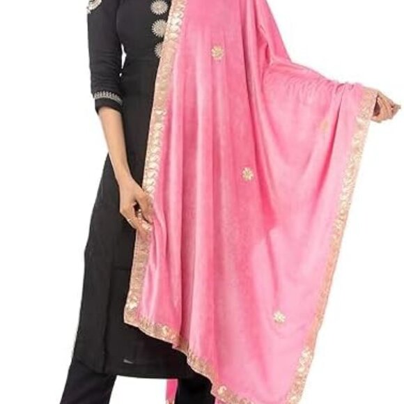 Women’s Embroidered Velvet Dupatta Pink Gold Elegant Ethnic Accessory - Picture 1 of 5